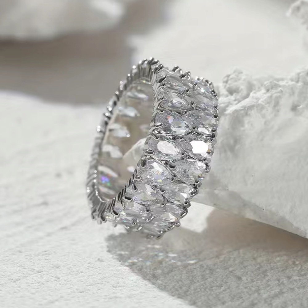 Cubic Zirconia Double Row Water Drop Eternity Ring Silver Tone Size 7 NWT